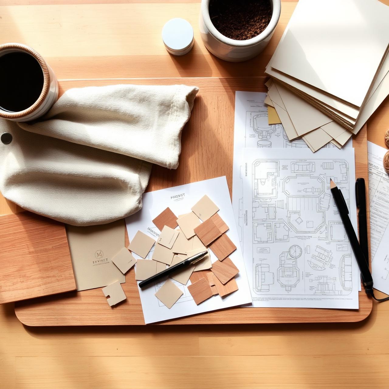 Designer's worktable with material samples and floor plans