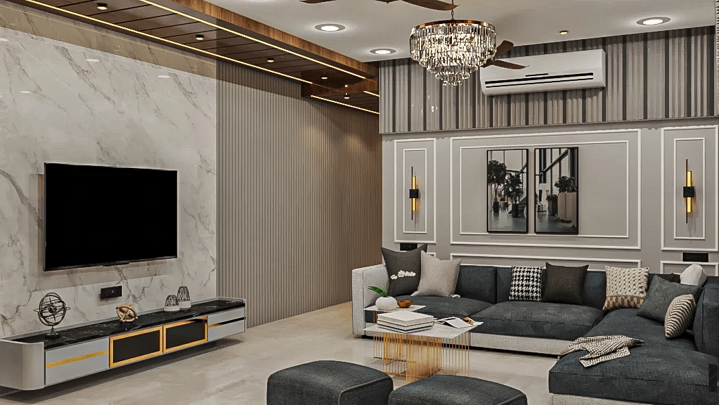 Luxurious modern living room with marble feature wall, crystal chandelier and layered seating